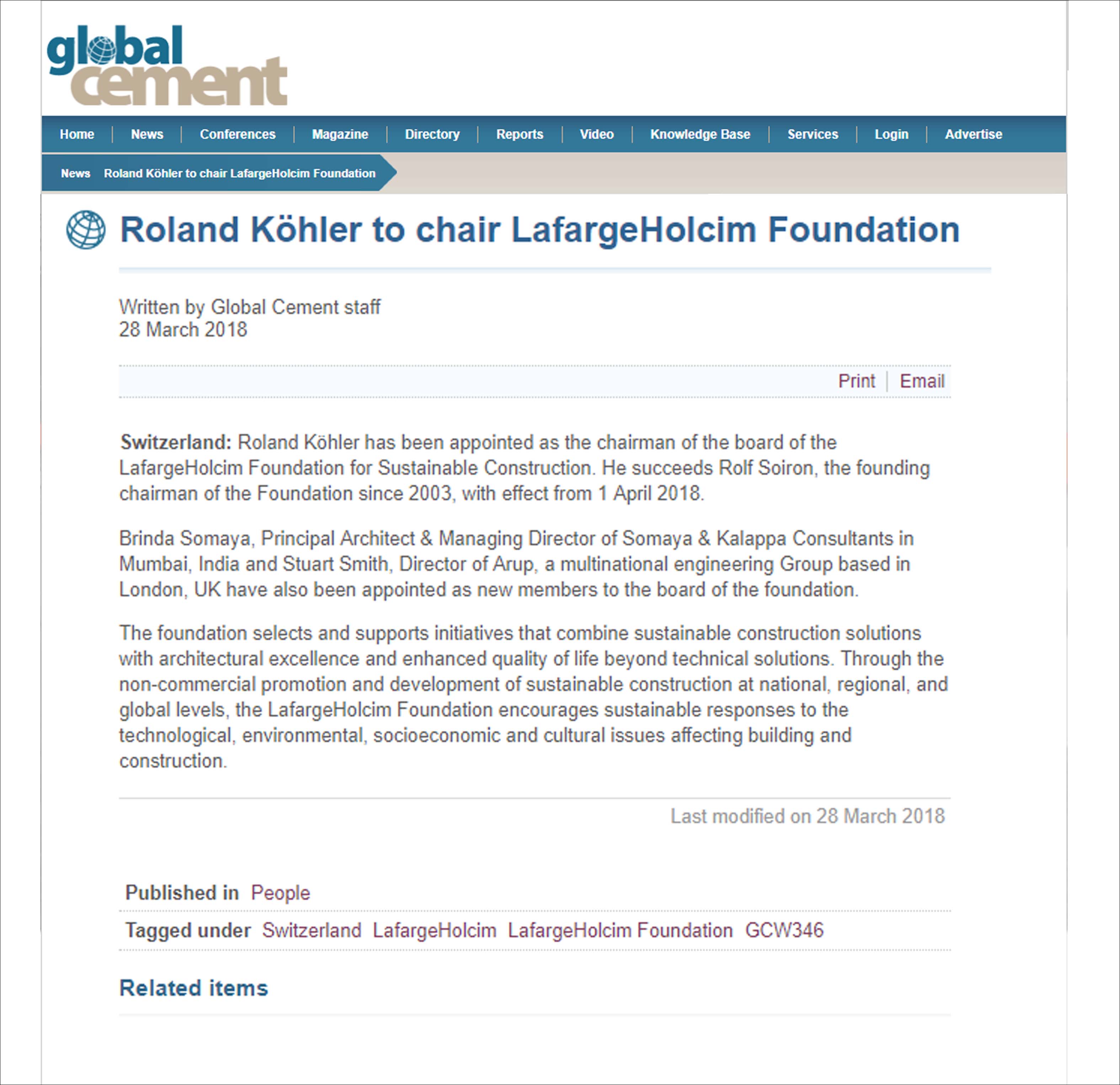 Roland Kohler to chair Lafarge Holcim Foundation, Global Cement - On 28 March 2018